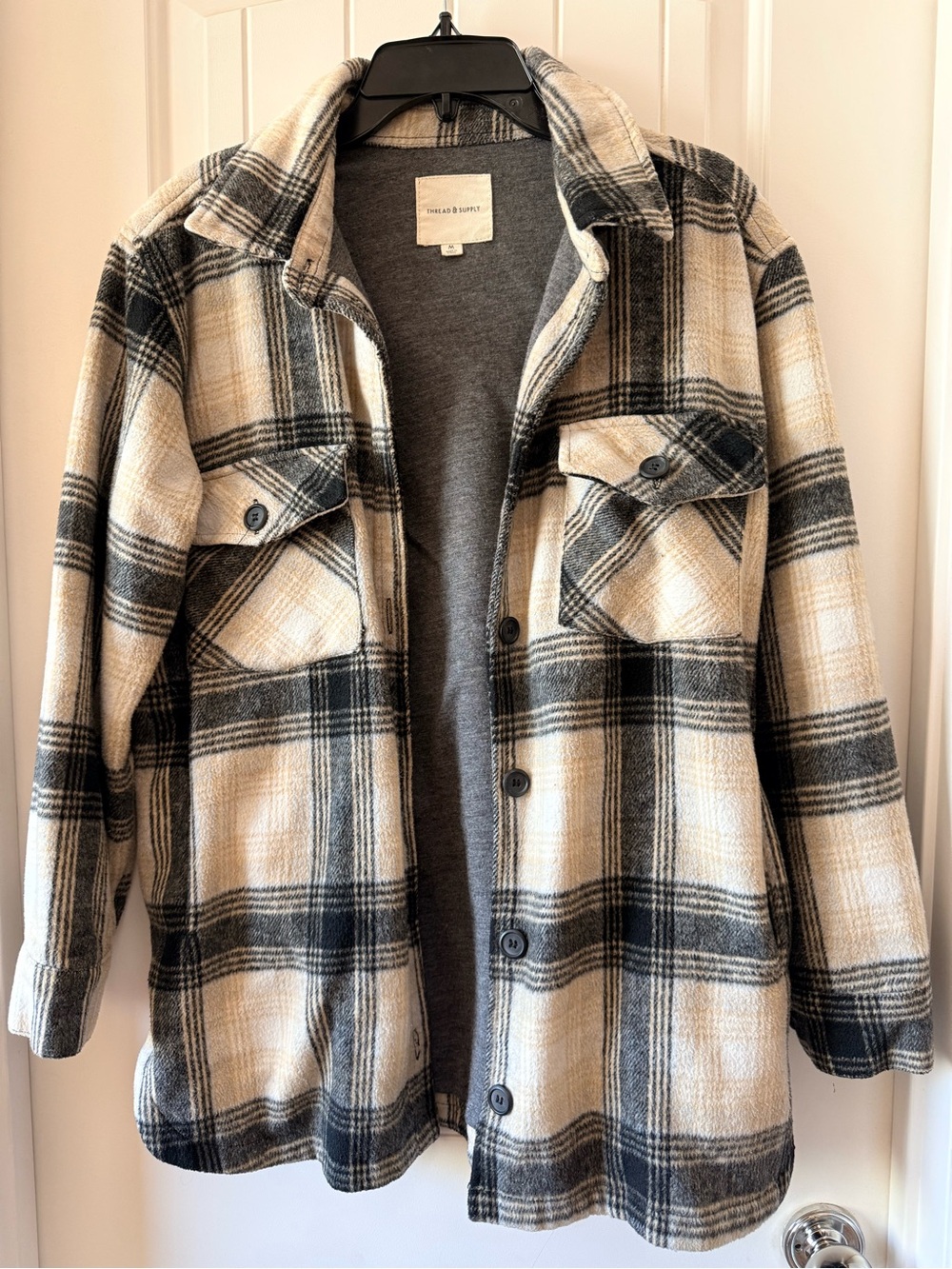 Thread & Supply Black and Cream Plaid Utility Shacket